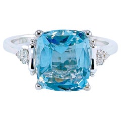 Bague en or 18 carats avec diamants et aigue-marine bleue intense certifiée GRC de 2,20 carats