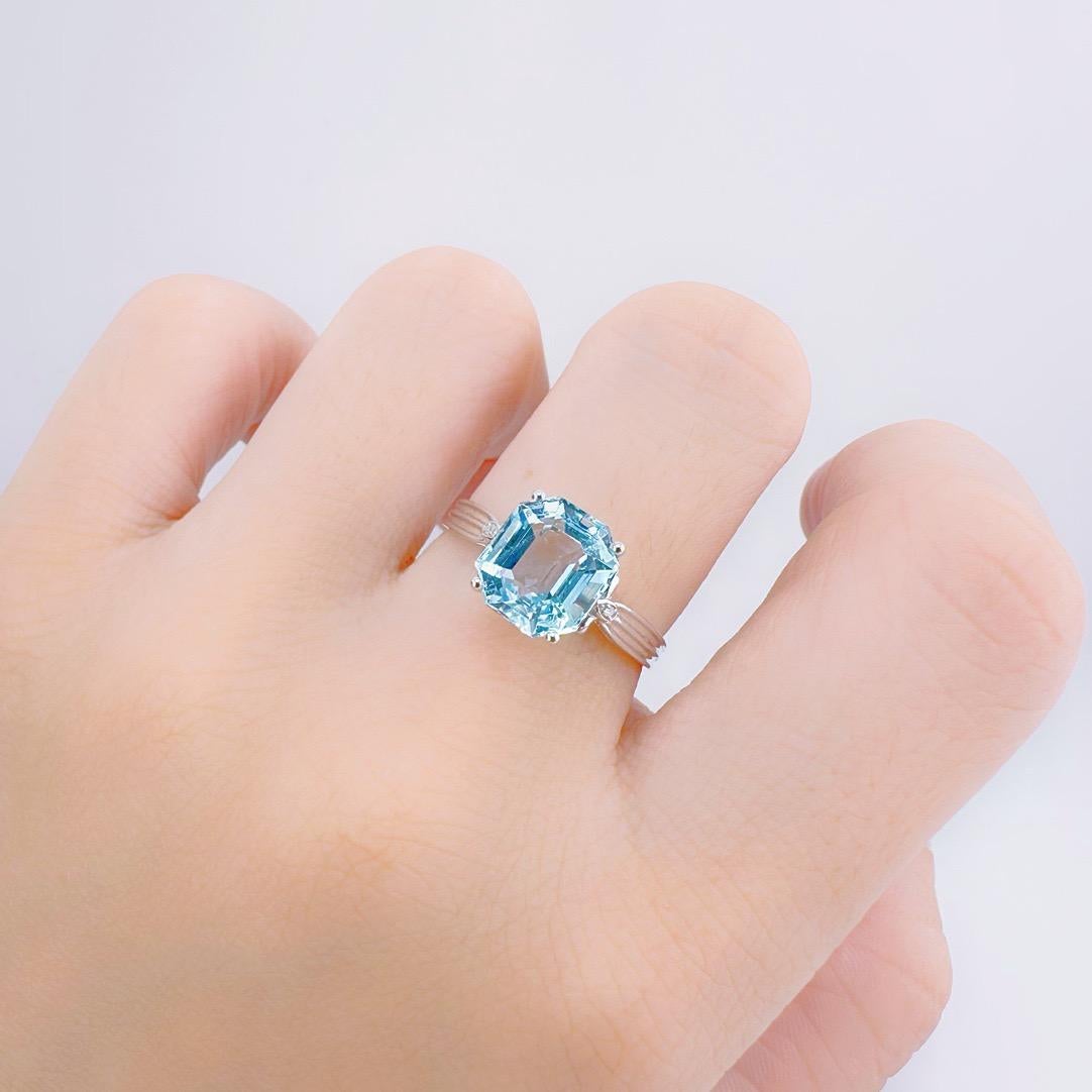 Octagon Cut GRC Certified 2.57 CT Intense Blue Aquamarine Ring with Diamonds For Sale
