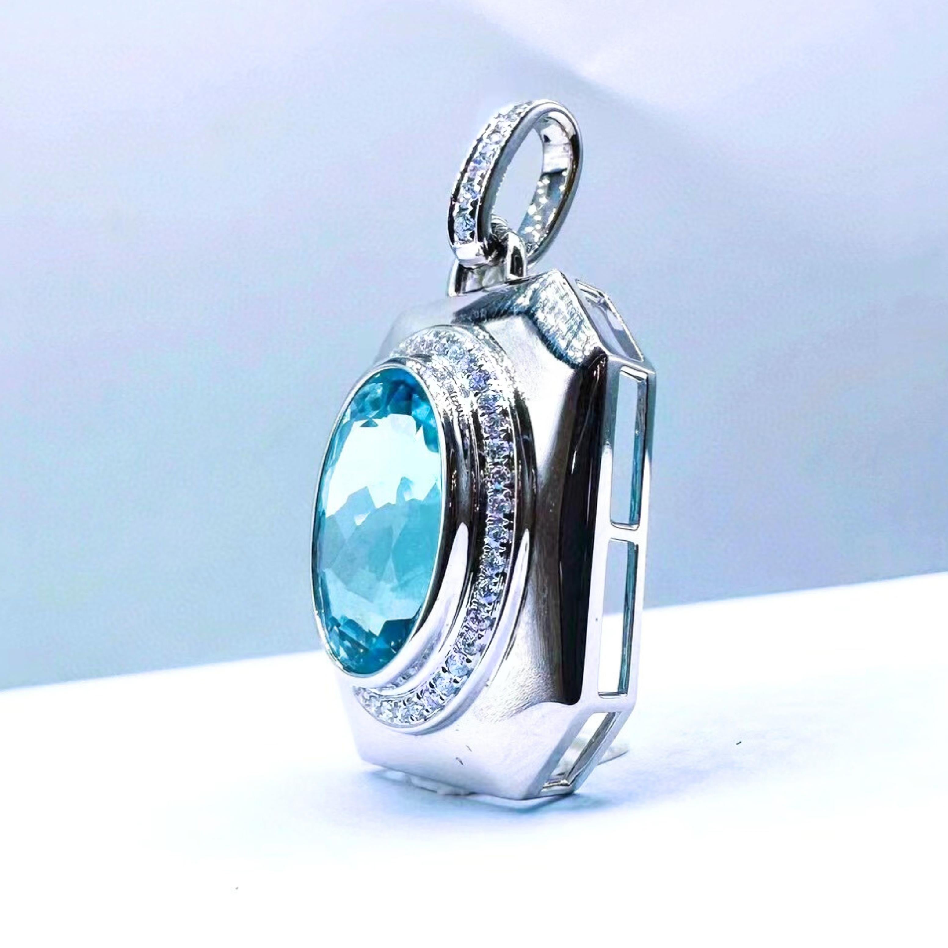 Modern GRC Certified 7.40 CT Santa Maria Blue Aquamarine Pendant with Diamonds For Sale