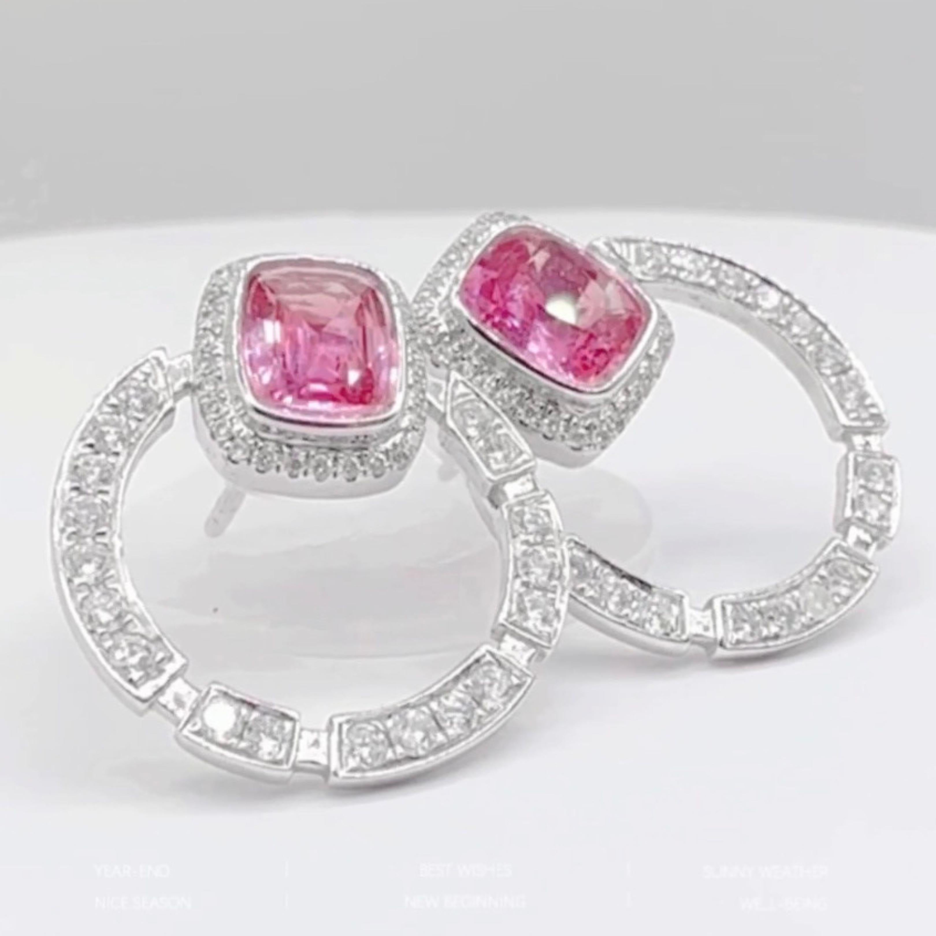 Modern GRC Certified Padparadscha Sapphire 18K White Gold Earrings with Diamonds For Sale