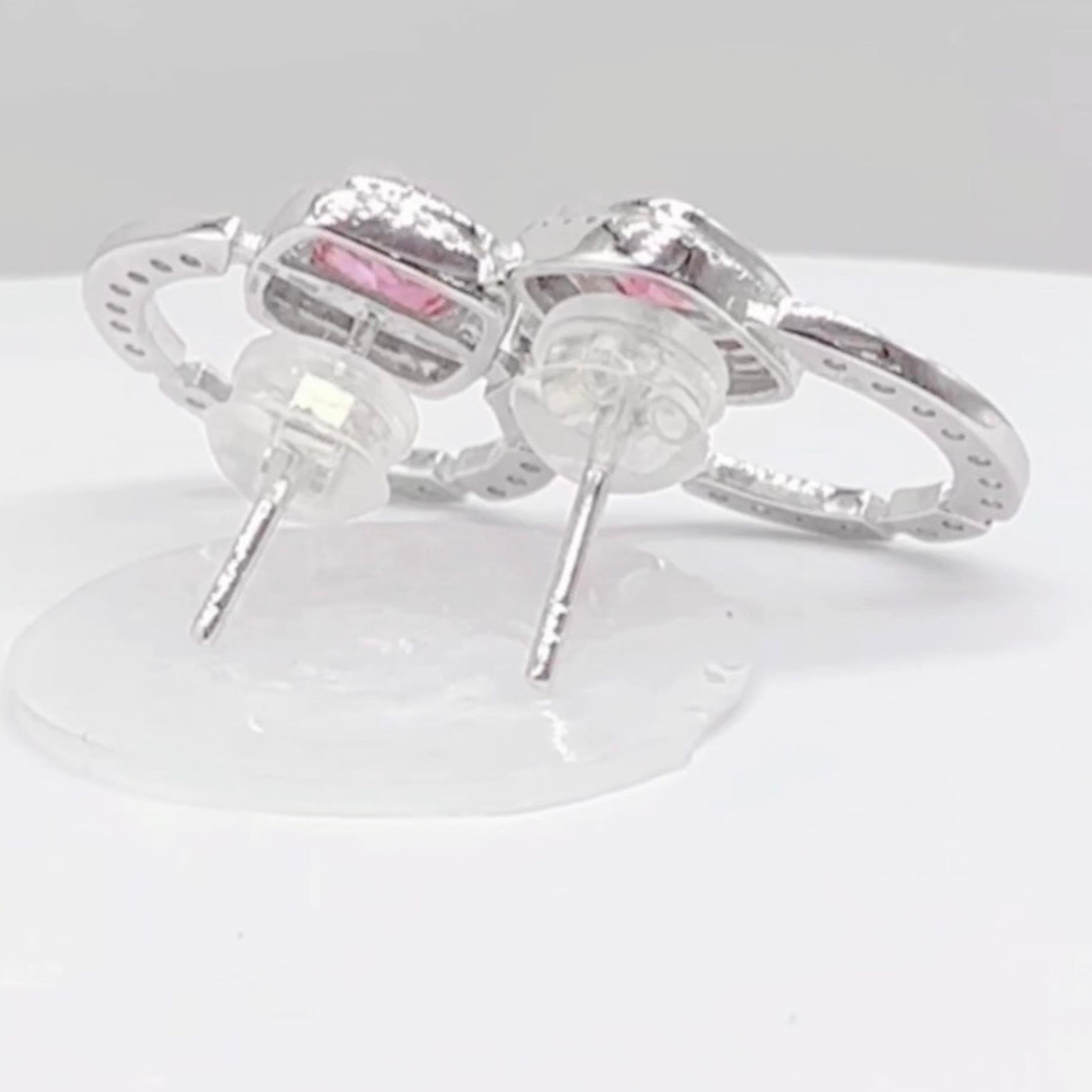 Cushion Cut GRC Certified Padparadscha Sapphire 18K White Gold Earrings with Diamonds For Sale