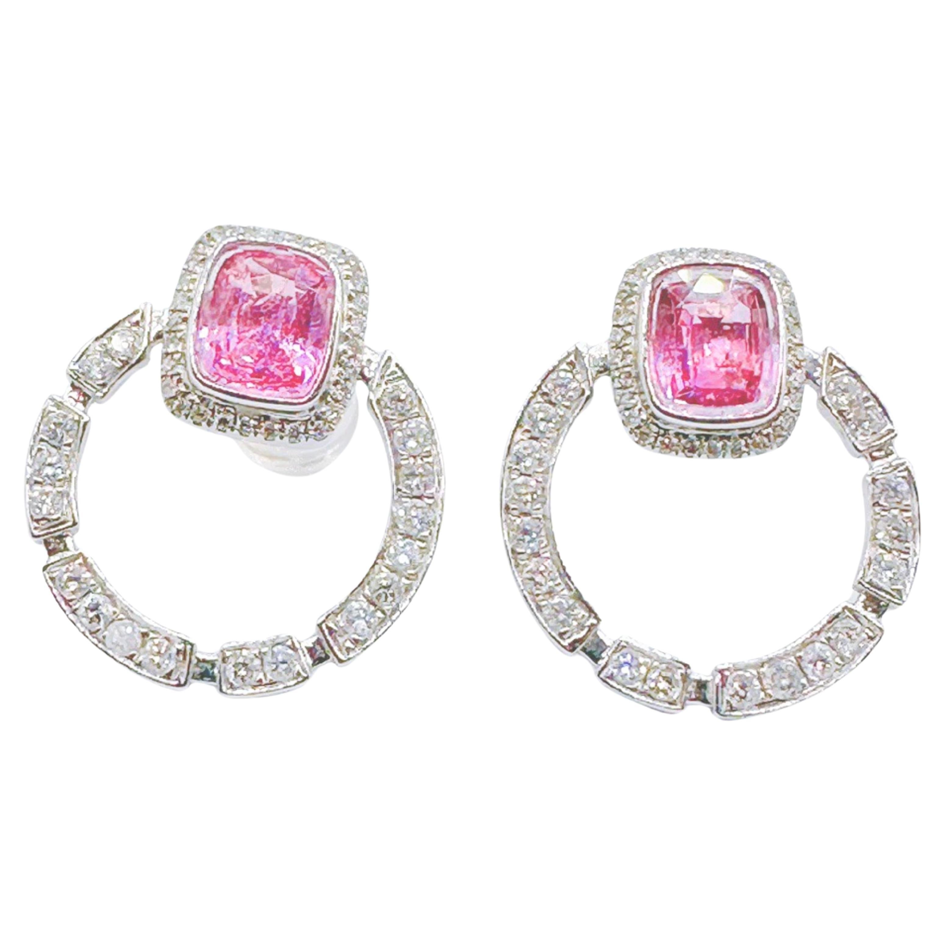 Pendientes de oro blanco de 18 quilates con zafiro Padparadscha certificado GRC y diamantes