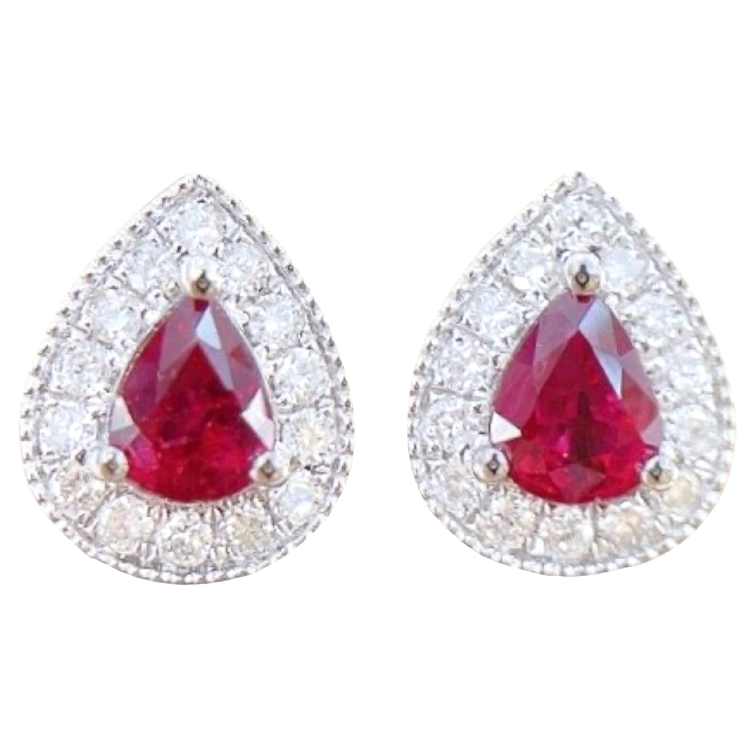 Pendientes de oro blanco de 18 quilates con diamantes y rubí corte pera certificado GRC