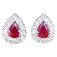 GRC Certified Pear-Cut Ruby 18K White Gold Diamond Stud Earrings