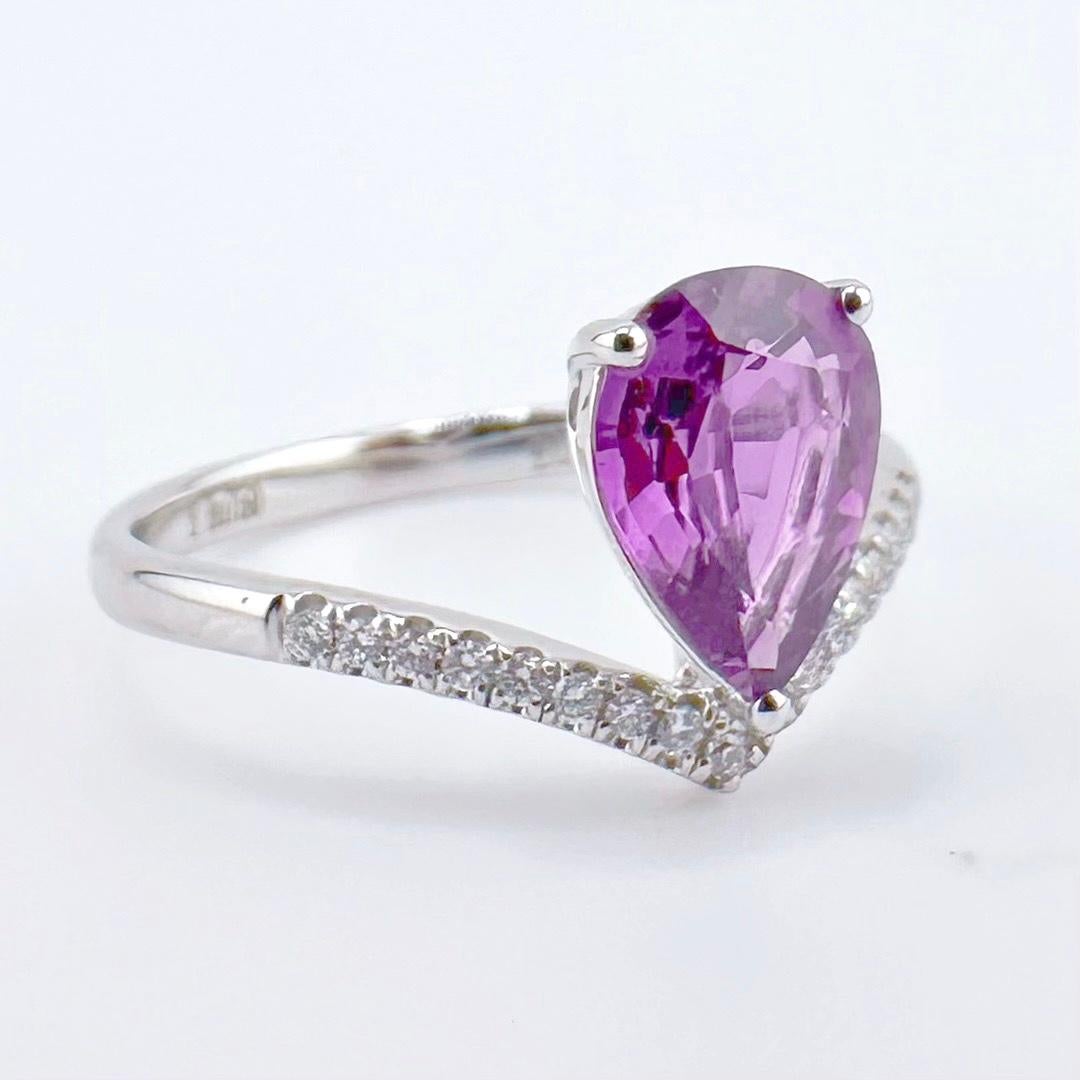 Pear Cut GRC Certified Purple Sapphire 18K White Gold Ring with Diamonds For Sale