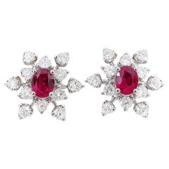 Pendientes de copo de nieve de oro blanco de 18 quilates con diamantes y rubí certificado GRC