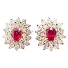 GRC Certified Ruby 18K Yellow Gold Sunflower Earrings with Diamonds