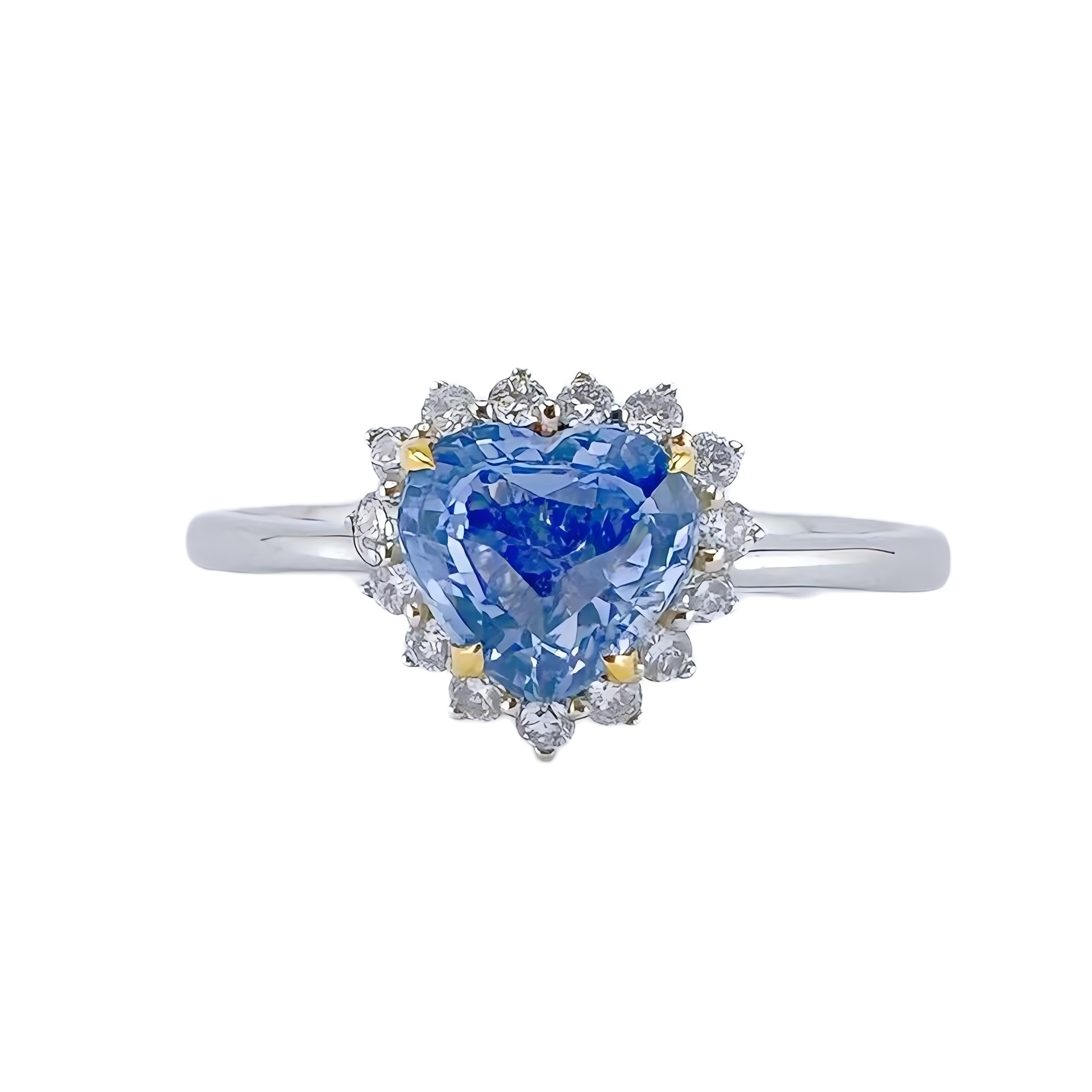 GRC Certified Unheated Heart - Shaped Sapphire 18K White Gold Diamond Ring For Sale 1