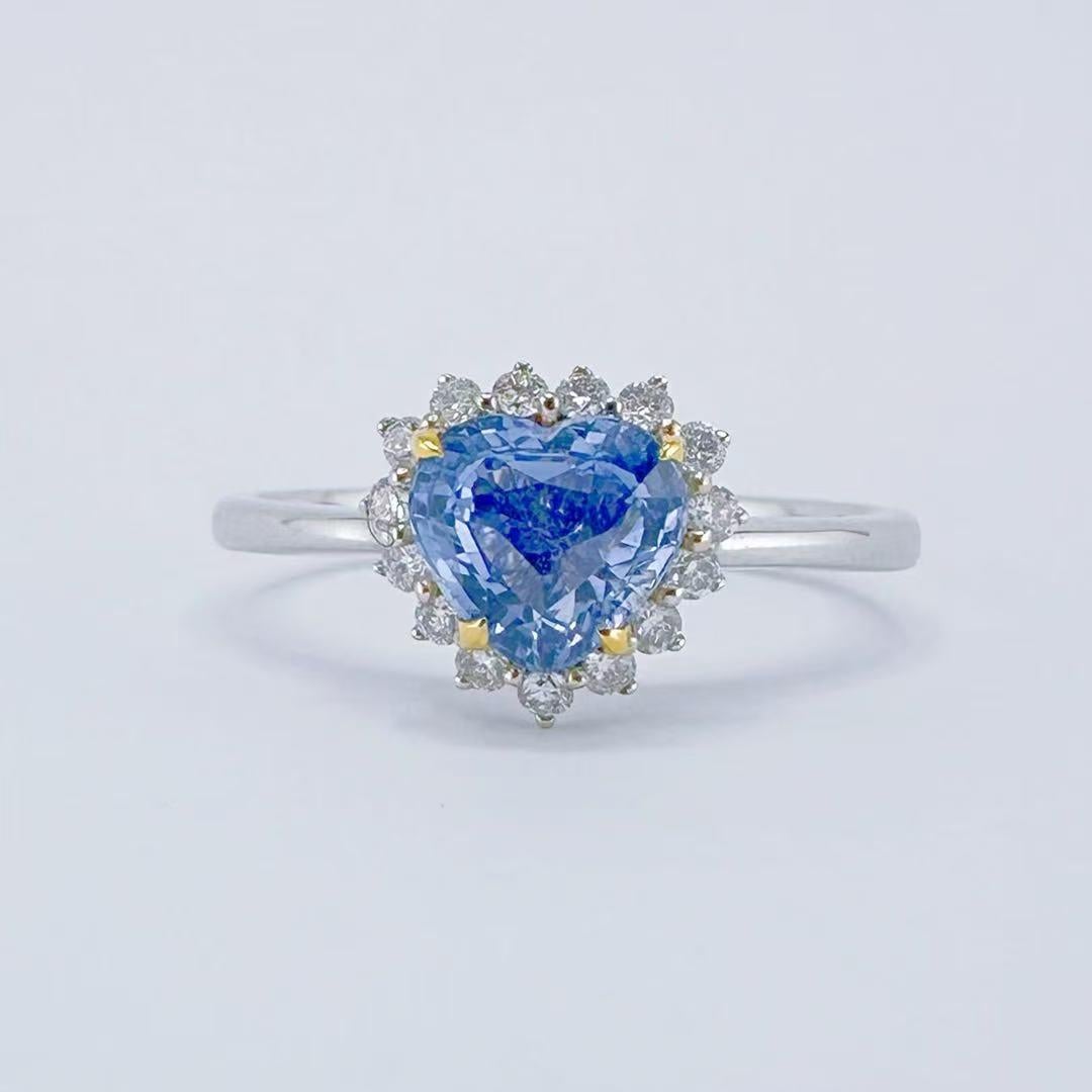 GRC Certified Unheated Heart - Shaped Sapphire 18K White Gold Diamond Ring For Sale 2