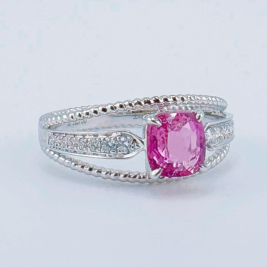 Modern GRC Certified Unheated Padparadscha Sapphire 18K White Gold Diamond Ring For Sale