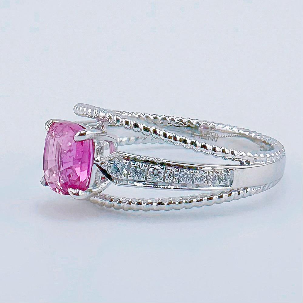 Cushion Cut GRC Certified Unheated Padparadscha Sapphire 18K White Gold Diamond Ring For Sale