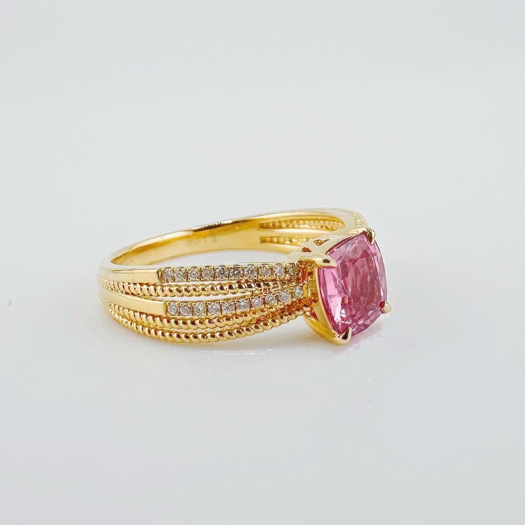 Modern GRC Certified Unheated Padparadscha Sapphire 18K Yellow Gold Diamond Ring For Sale
