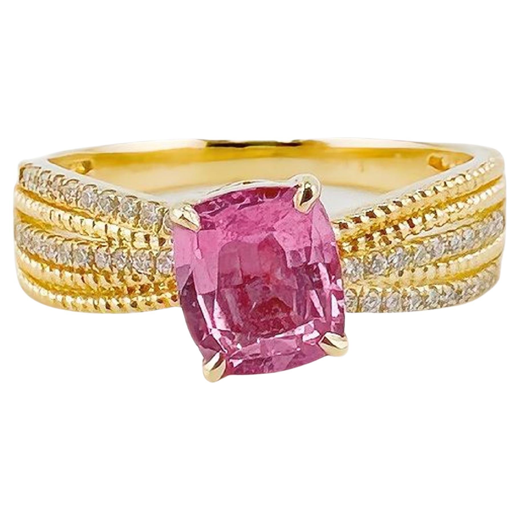 GRC Certified Unheated Padparadscha Sapphire 18K Yellow Gold Diamond Ring For Sale
