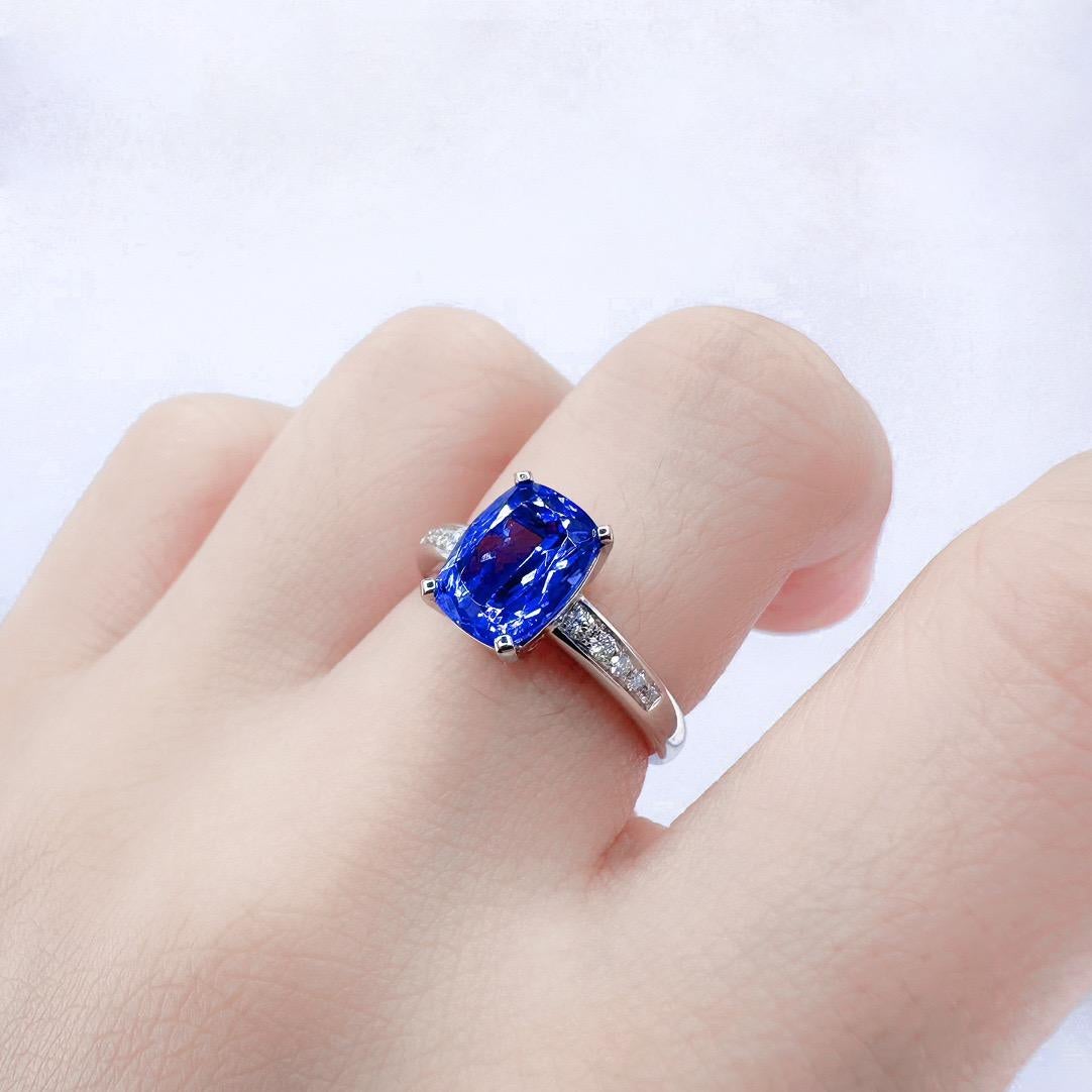 Cushion Cut GRC Certified Vivid Blue 2.38 CT Tanzanite 18K White Gold Ring with Diamonds For Sale