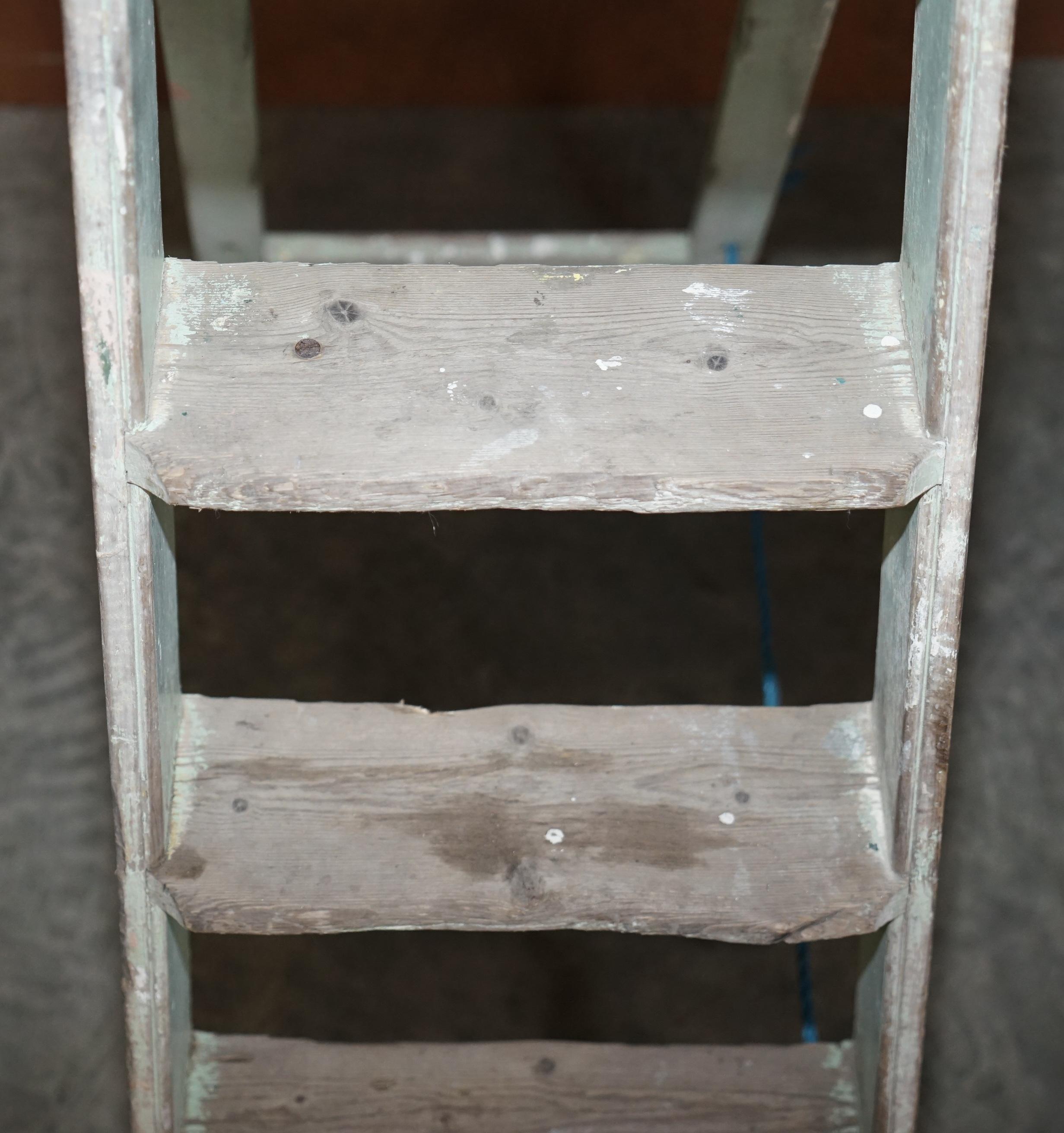 English Grdc Stamped Pitch Pine circa 1920's Original Aqua Green Paint Decorators Ladder For Sale