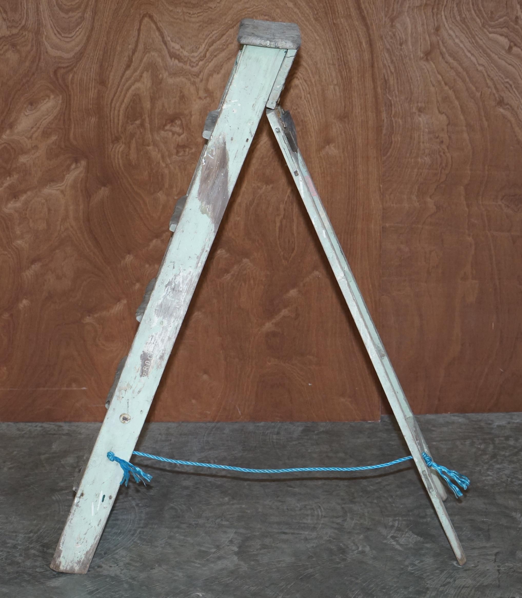 Hand-Crafted Grdc Stamped Pitch Pine circa 1920's Original Aqua Green Paint Decorators Ladder For Sale