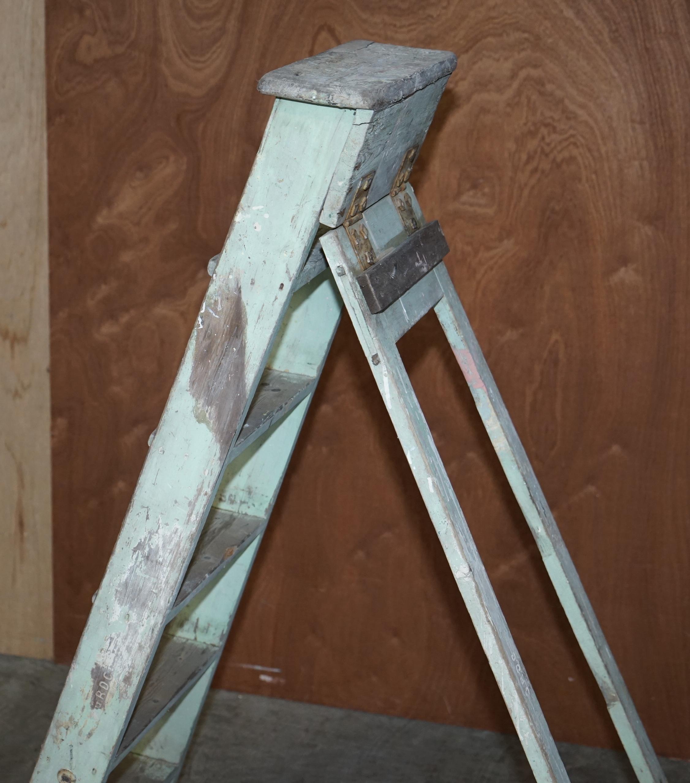 Early 20th Century Grdc Stamped Pitch Pine circa 1920's Original Aqua Green Paint Decorators Ladder For Sale