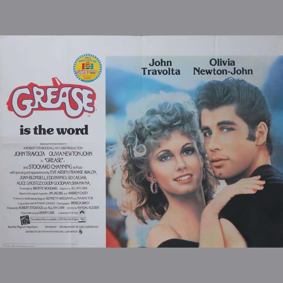Grease (1978)
Original British Quad (30 X 40 Zoll)

Das brave Mädchen Sandy Olsson und der schmierige Danny Zuko haben sich im Sommer ineinander verliebt. Als sie unerwartet feststellen, dass sie jetzt auf dieselbe Highschool gehen, werden sie ihre