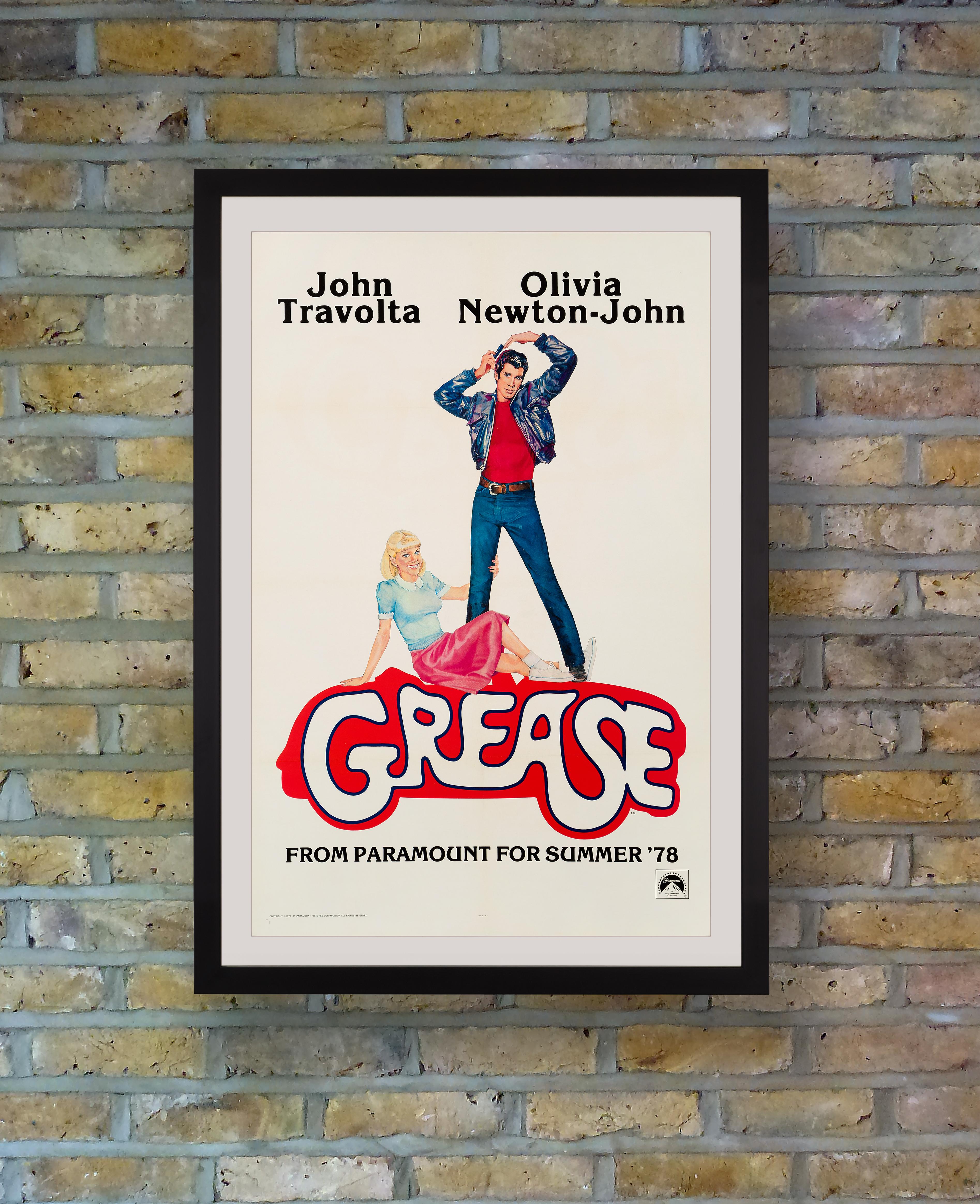 This rare US One Sheet poster with a delightfully peppy design by Linda Fennimore was released for the teaser Campaign ahead of the summer 1978 release of Paramount's blockbuster musical romance 'Grease.' Based on the Broadway musical of the same