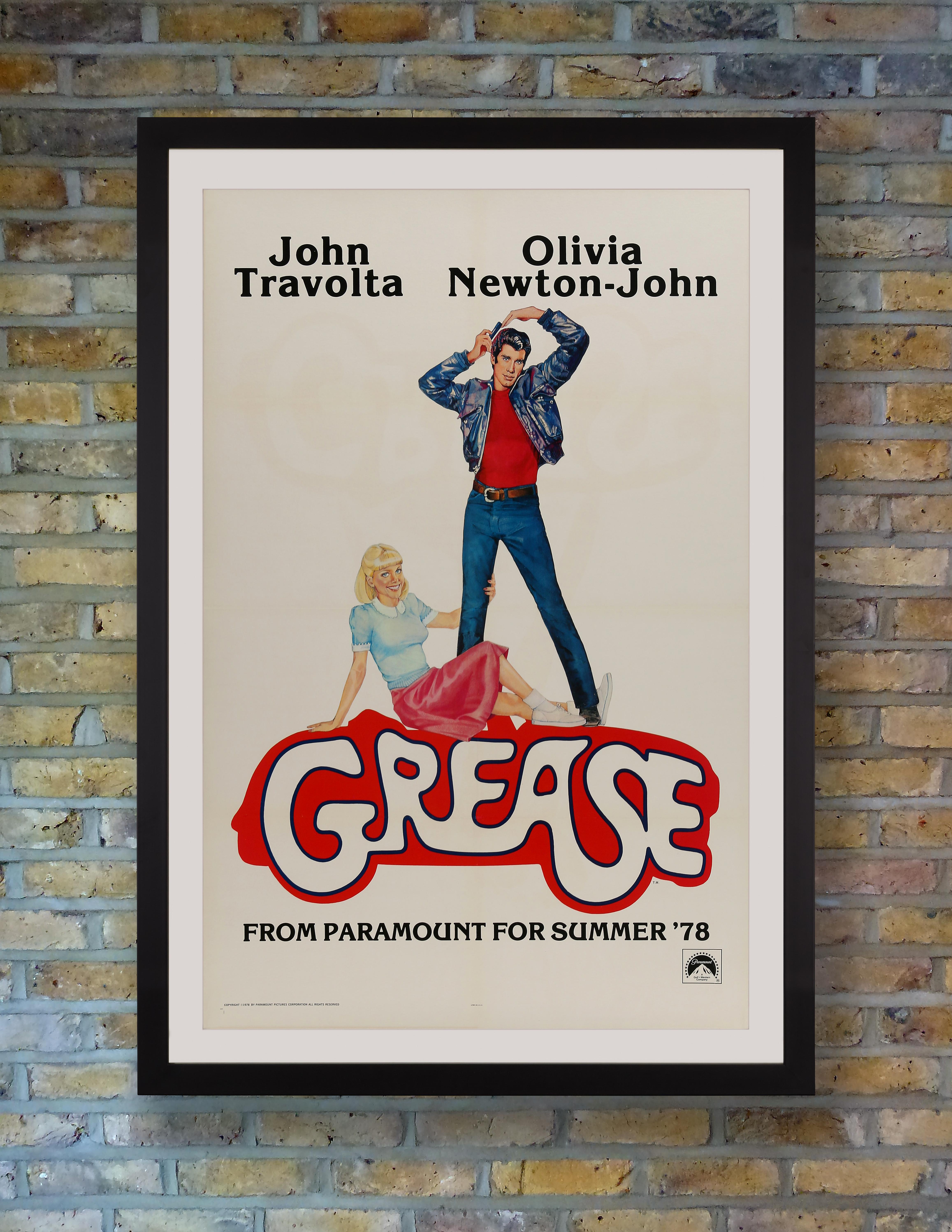 This rare US One Sheet poster with a delightfully peppy design by Linda Fennimore was released for the teaser campaign ahead of the summer 1978 release of Paramount's blockbuster musical romance 'Grease.' Based on the Broadway musical of the same