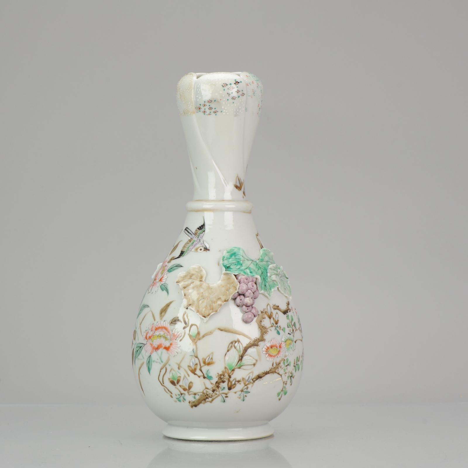 19th Century Great 19C Japanese Porcelain Vase Relief Grapes Leaves Flowers and Bird For Sale