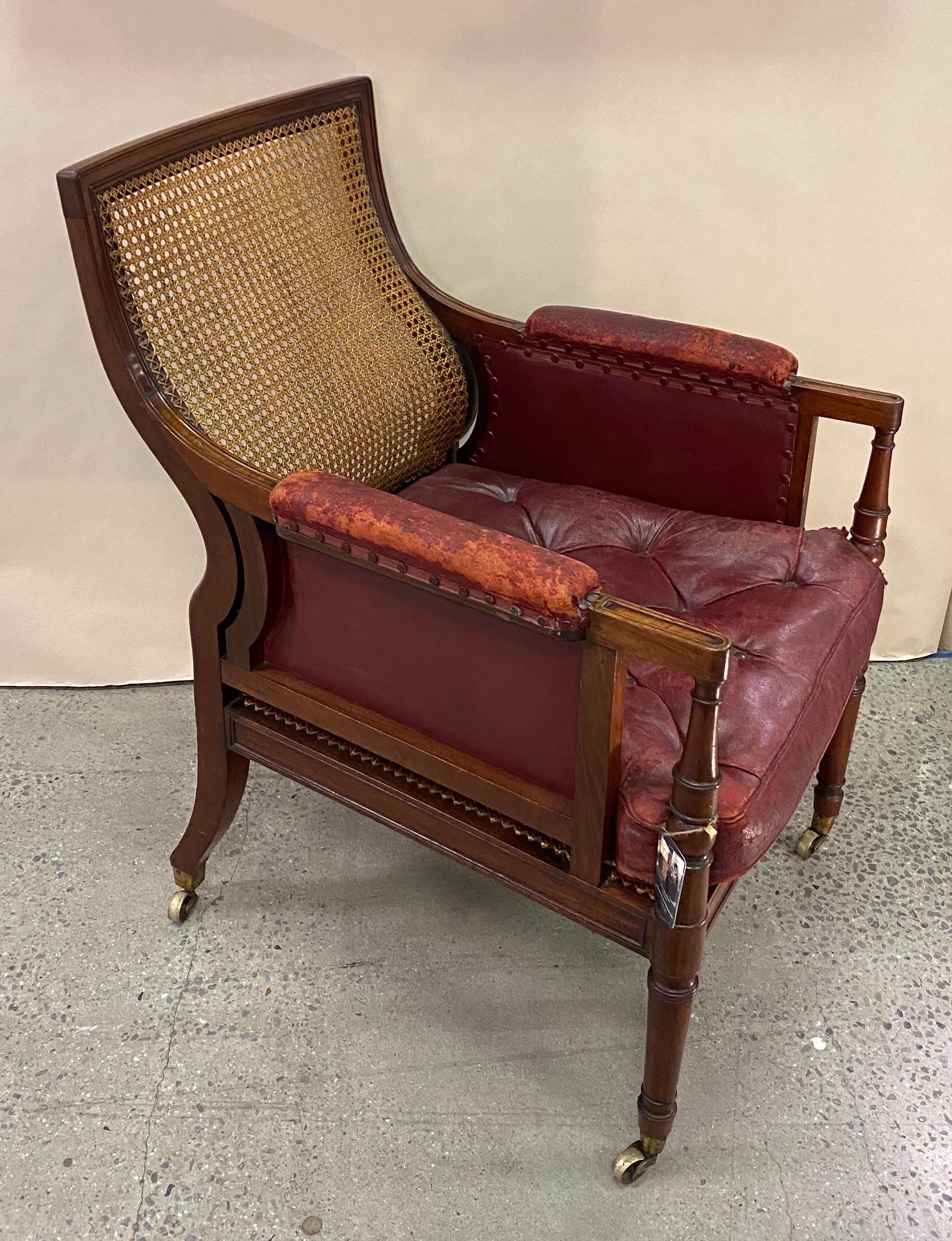 Regency Great 19th Century English Mahogany and Cane Library Chair with Leather Cushions