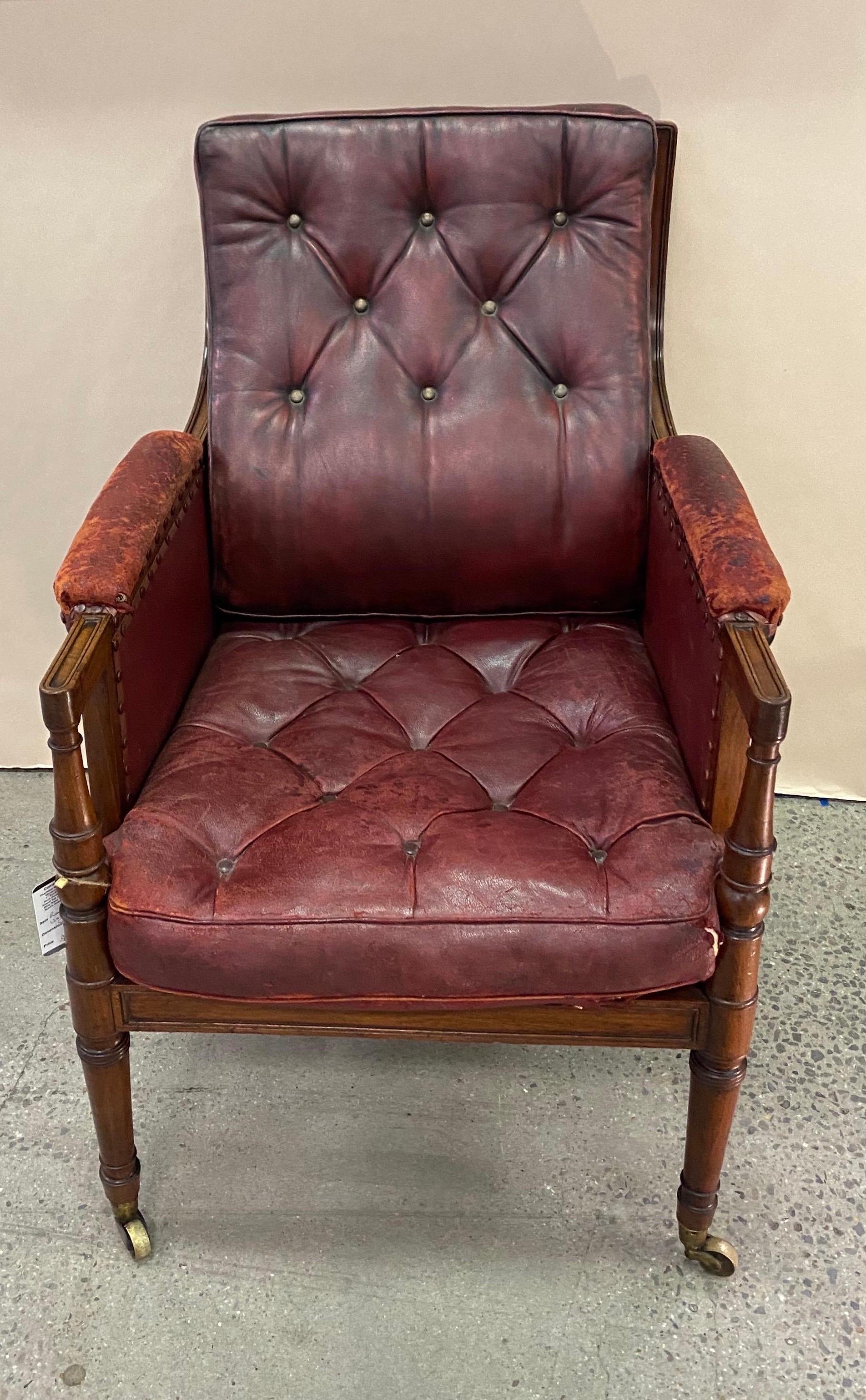 Great 19th Century English Mahogany and Cane Library Chair with Leather Cushions In Good Condition In Charleston, SC