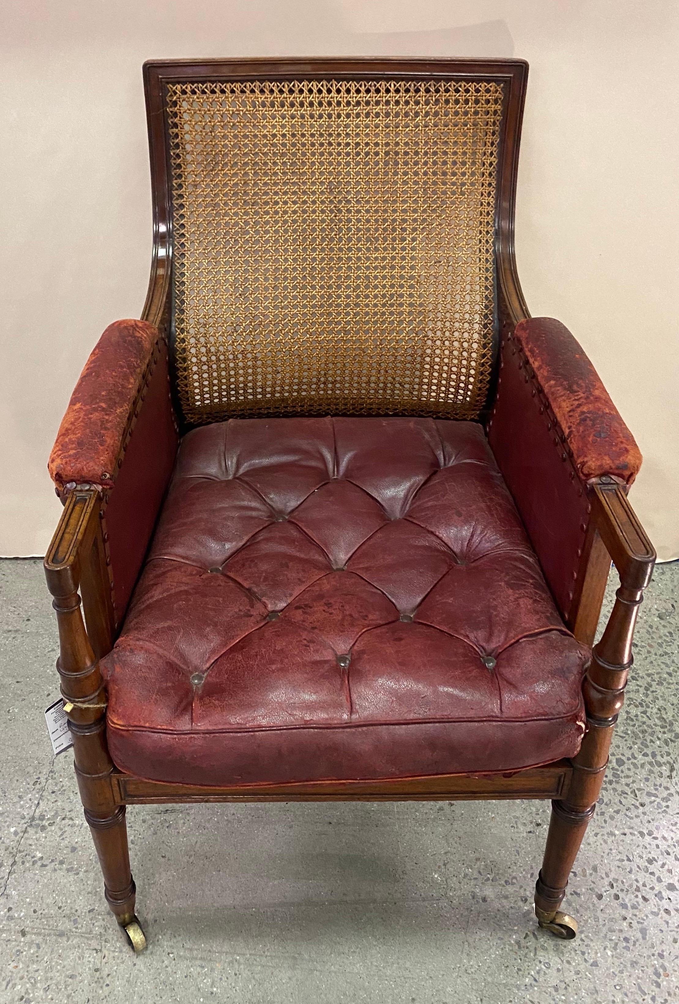 Great 19th Century English Mahogany and Cane Library Chair with Leather Cushions 1