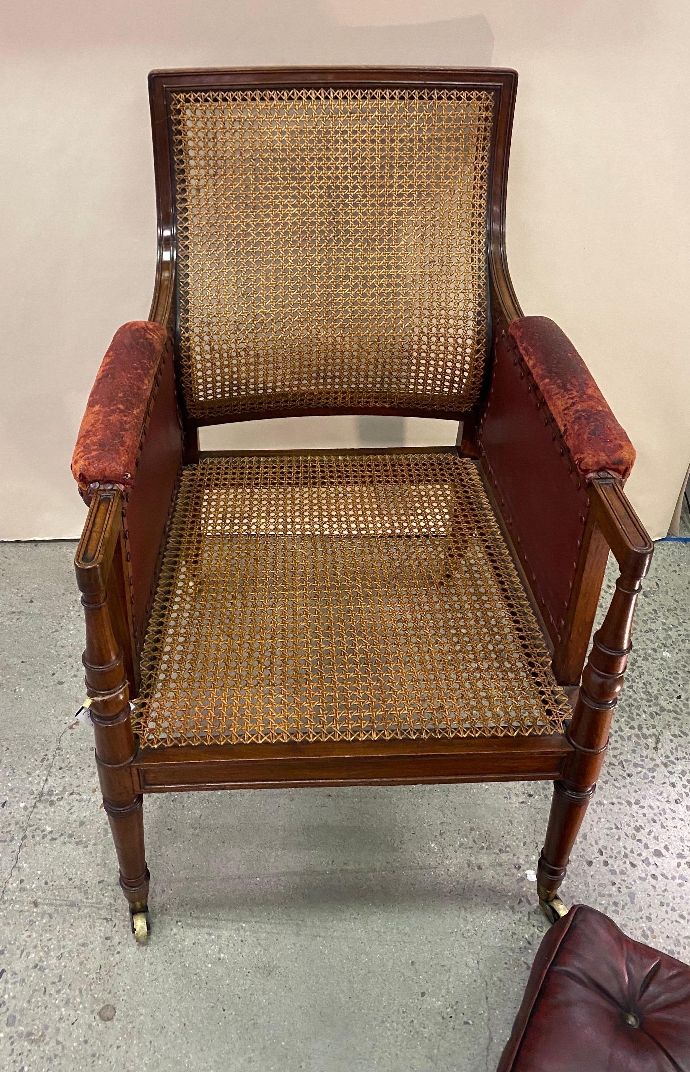Great 19th Century English Mahogany and Cane Library Chair with Leather Cushions 2