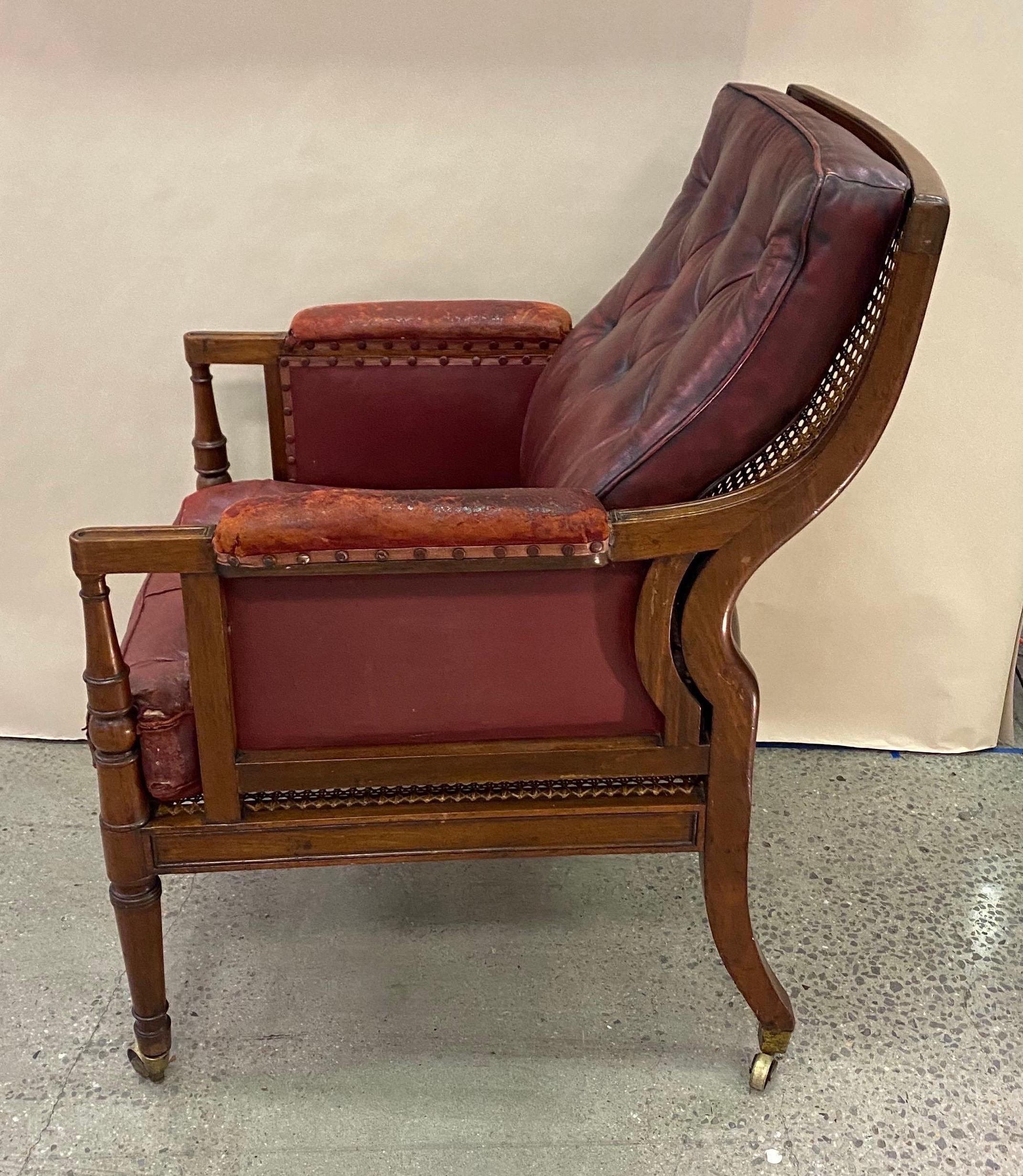 Great 19th Century English Mahogany and Cane Library Chair with Leather Cushions 3