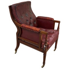 Great 19th Century English Mahogany and Cane Library Chair with Leather Cushions