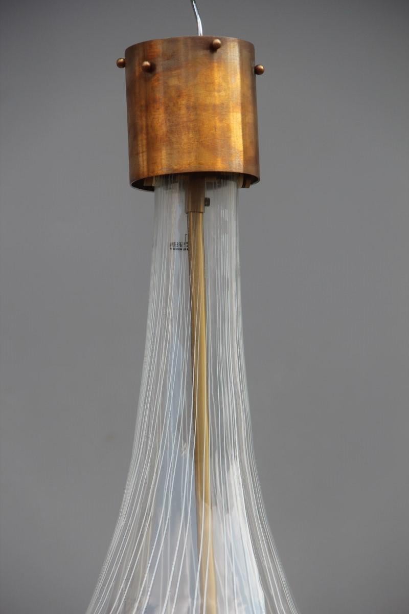 Mid-Century Modern Great Angelo Brotto Esperia Chandelier Glass White Lines Golden Brass, 1960s