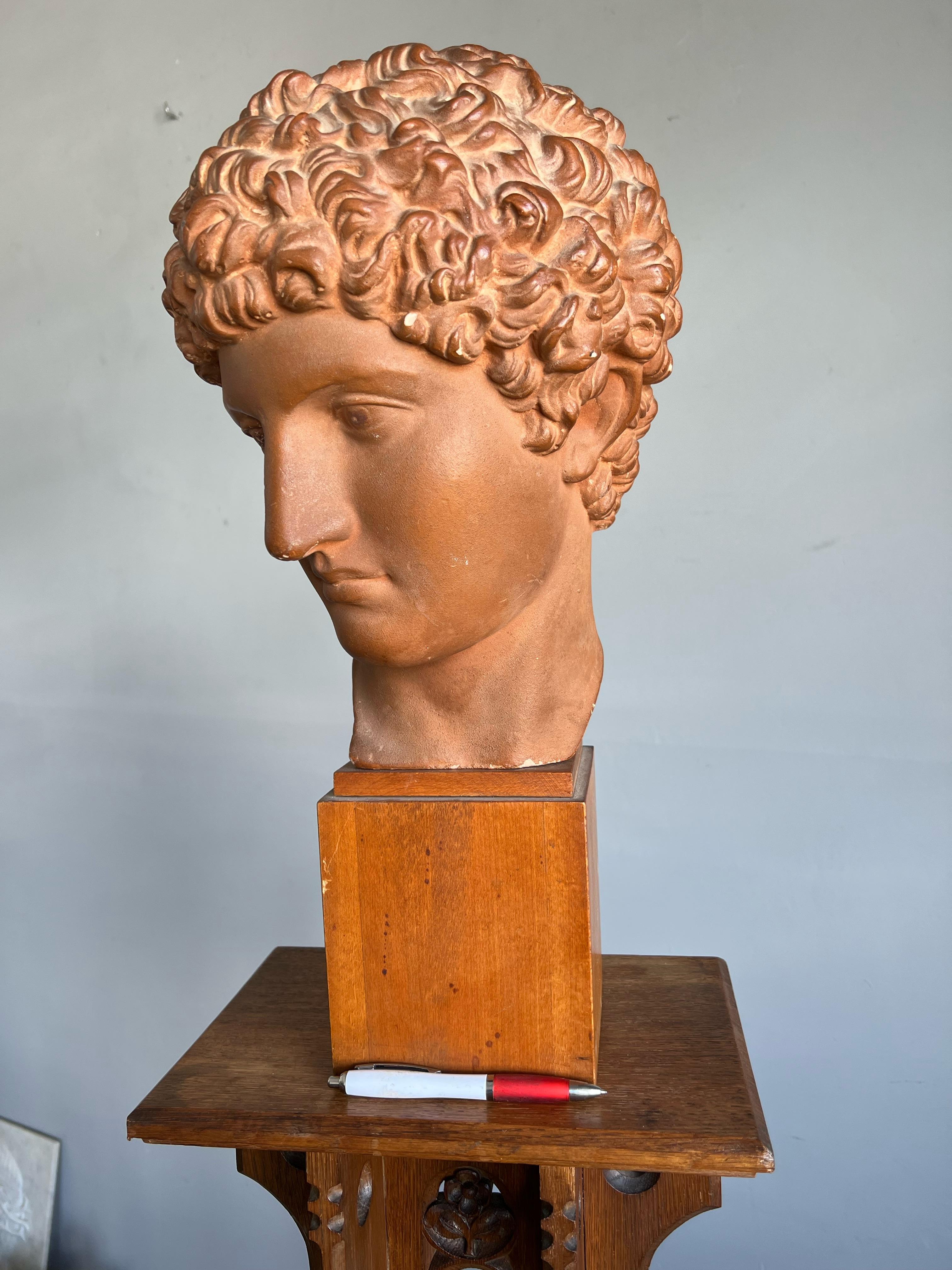 Great Antique and Signed Plaster Bust / Head on a Wooden Base Greek God Hermes 4