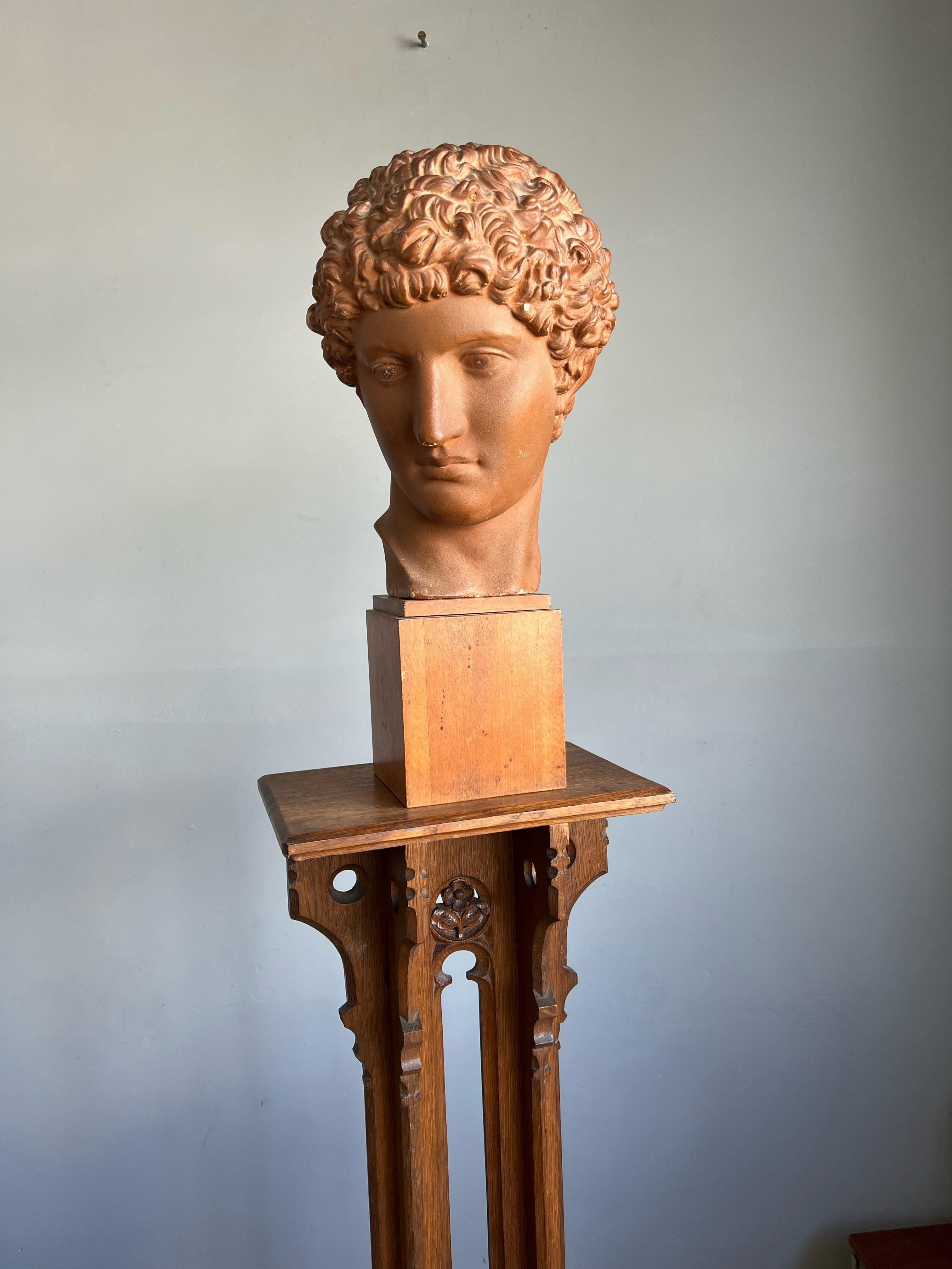 Great Antique and Signed Plaster Bust / Head on a Wooden Base Greek God Hermes 5