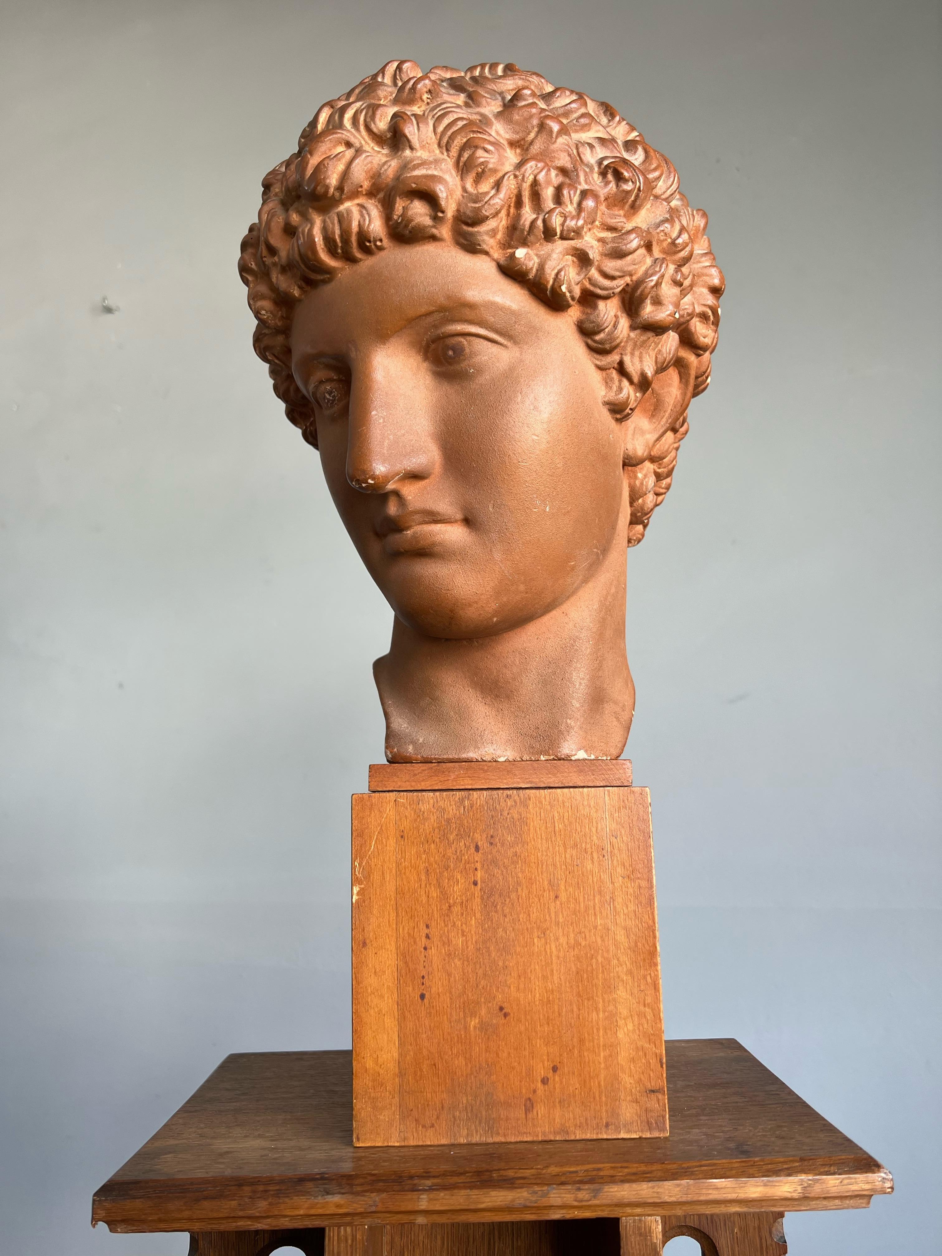 Great Antique and Signed Plaster Bust / Head on a Wooden Base Greek God Hermes 6