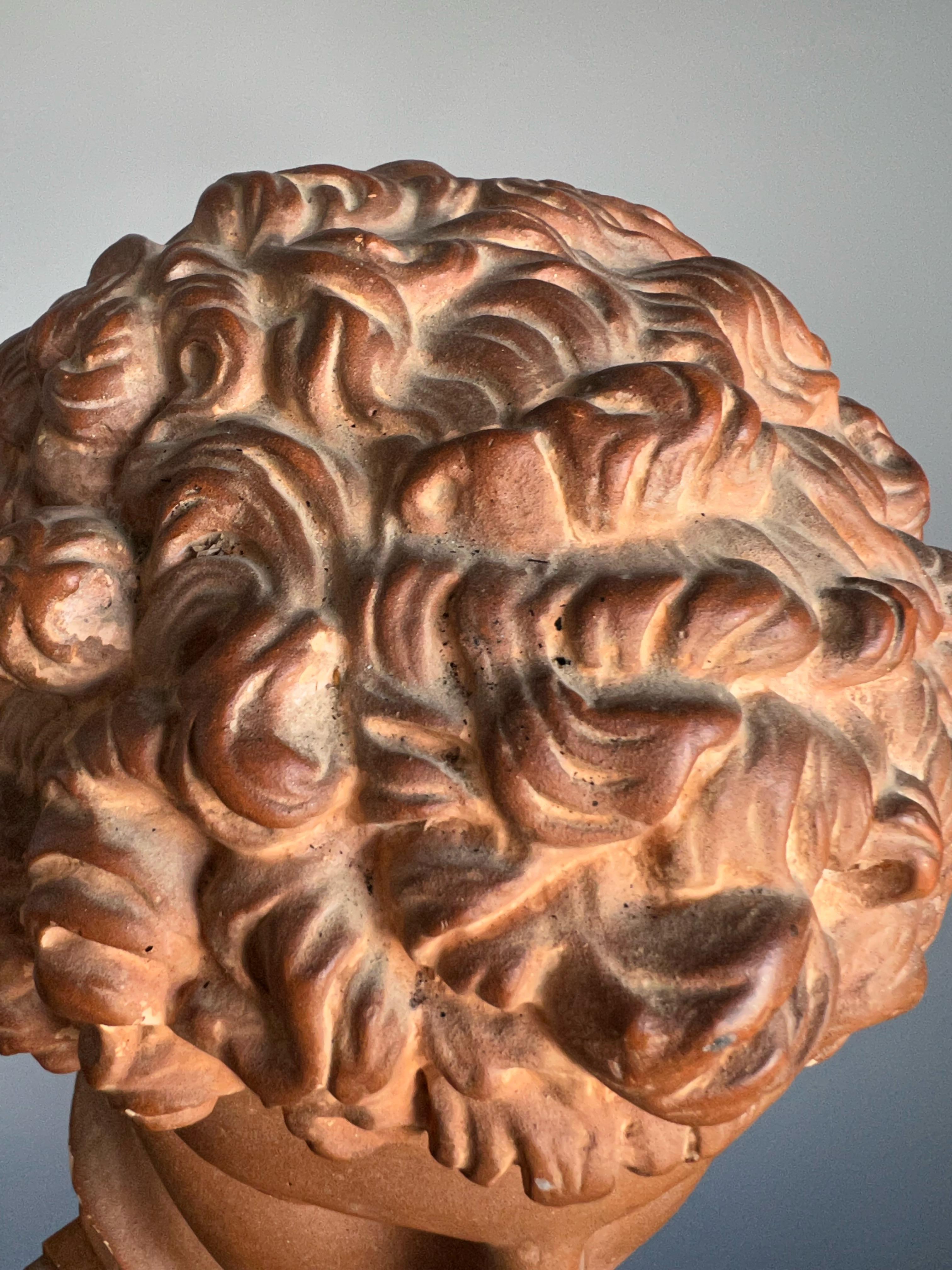 Great Antique and Signed Plaster Bust / Head on a Wooden Base Greek God Hermes 8