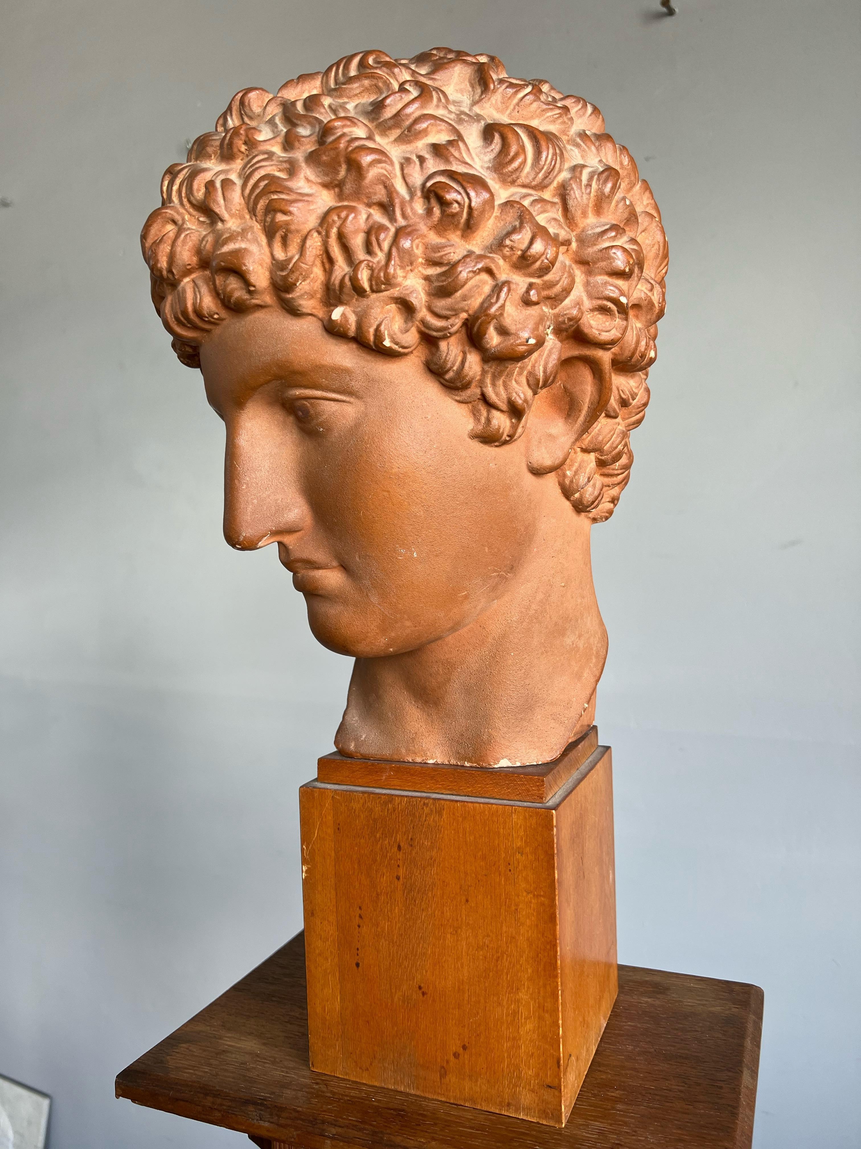 Great Antique and Signed Plaster Bust / Head on a Wooden Base Greek God Hermes 10