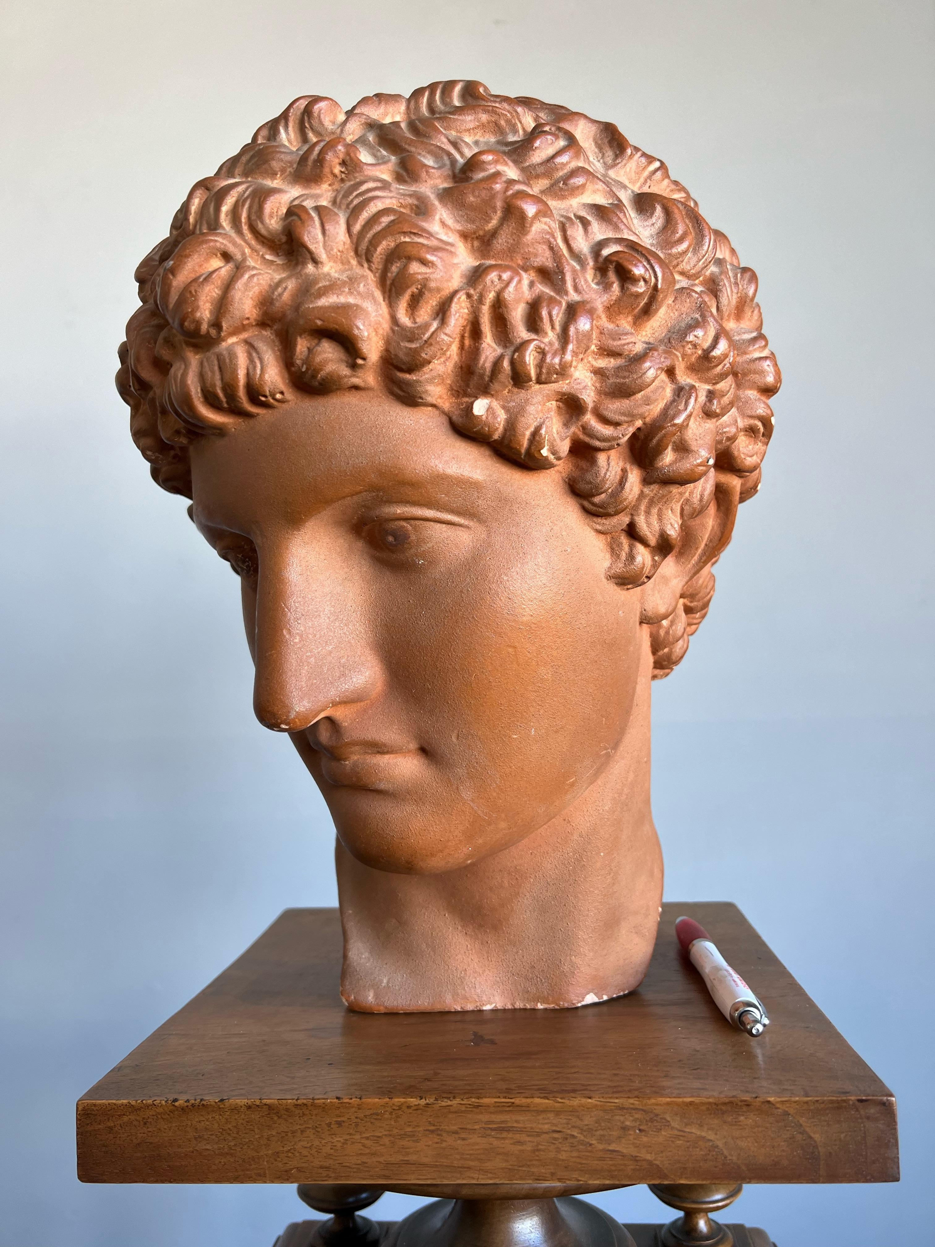Hand-Crafted Great Antique and Signed Plaster Bust / Head on a Wooden Base Greek God Hermes