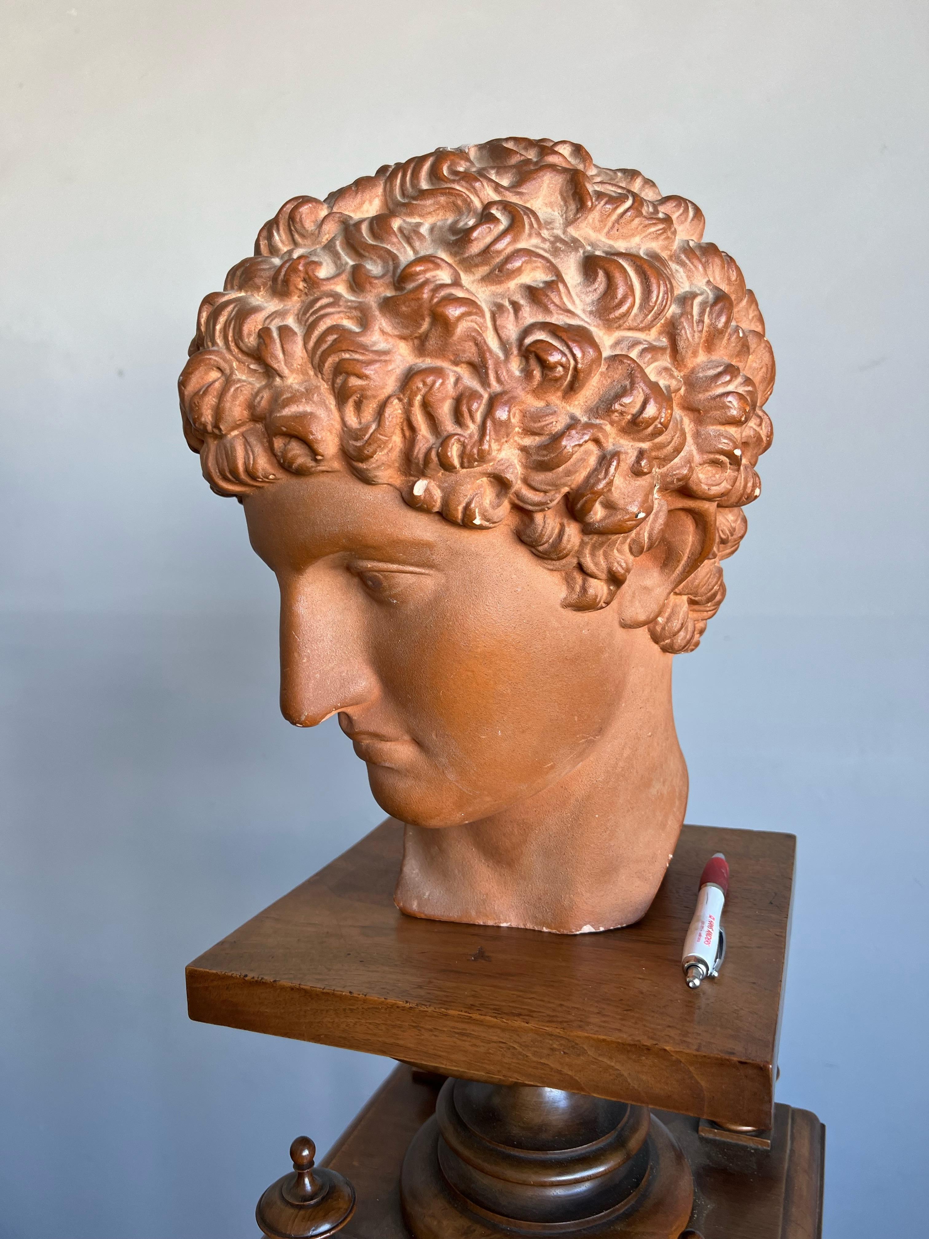 Great Antique and Signed Plaster Bust / Head on a Wooden Base Greek God Hermes In Excellent Condition In Lisse, NL