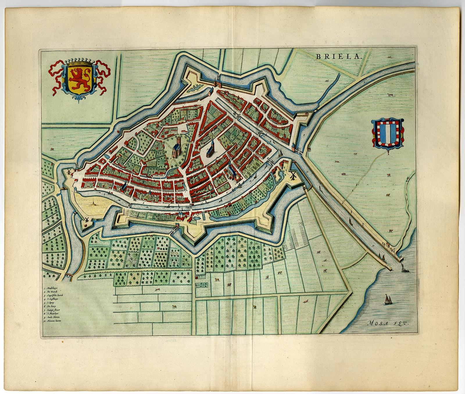 Antique print, titled: 'Briela.' 

Bird's-eye view plan of Brielle in The Netherlands. With key to locations and coats of arms. Text in Dutch on verso. This plan originates from the famous city Atlas: 'Toneel der Steeden' published by Joan Blaeu