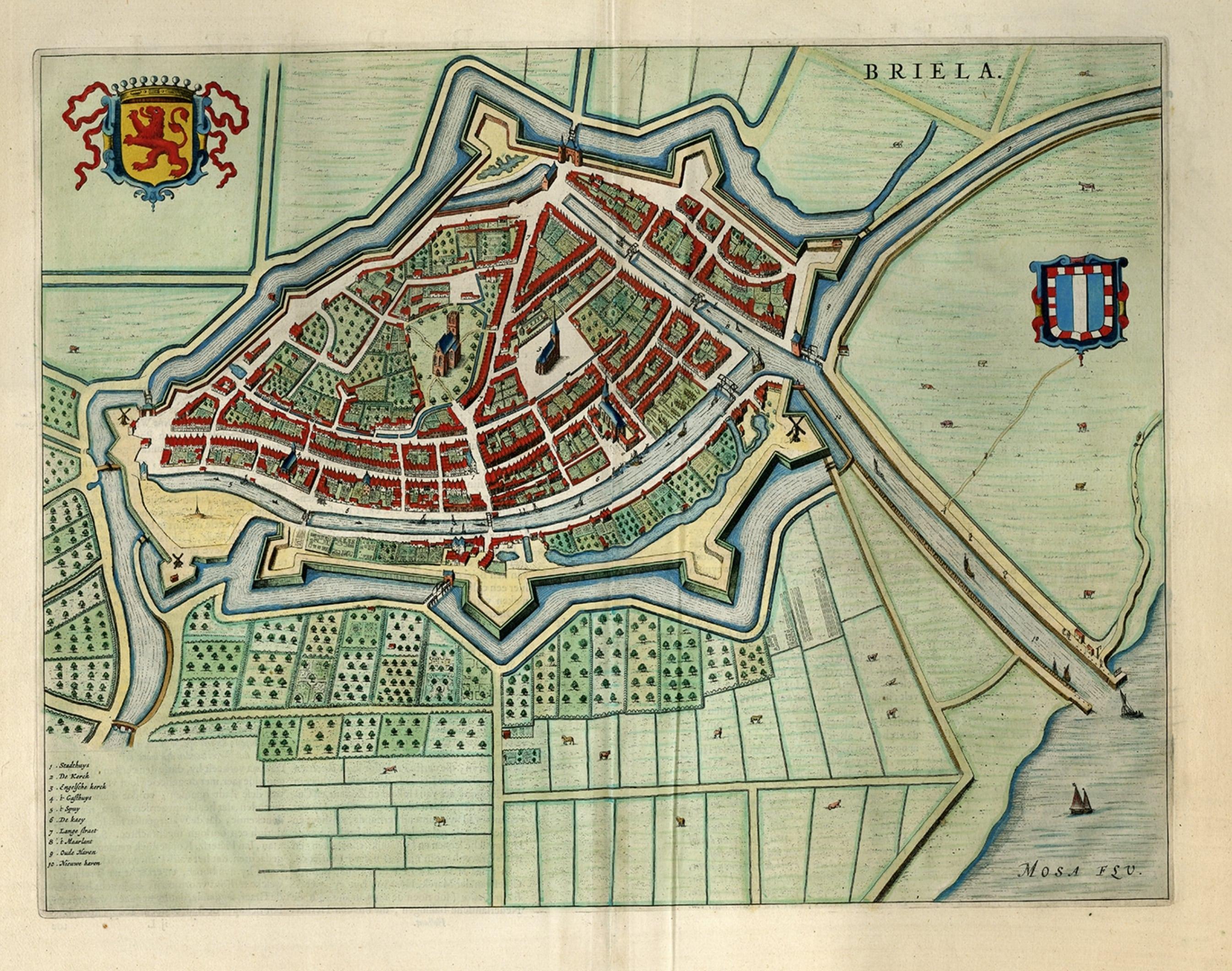 Grand plan ancien d'une vue à l'œil d'oiseau de Brielle par Blaeu aux Pays-Bas, 1649 Bon état - En vente à Langweer, NL