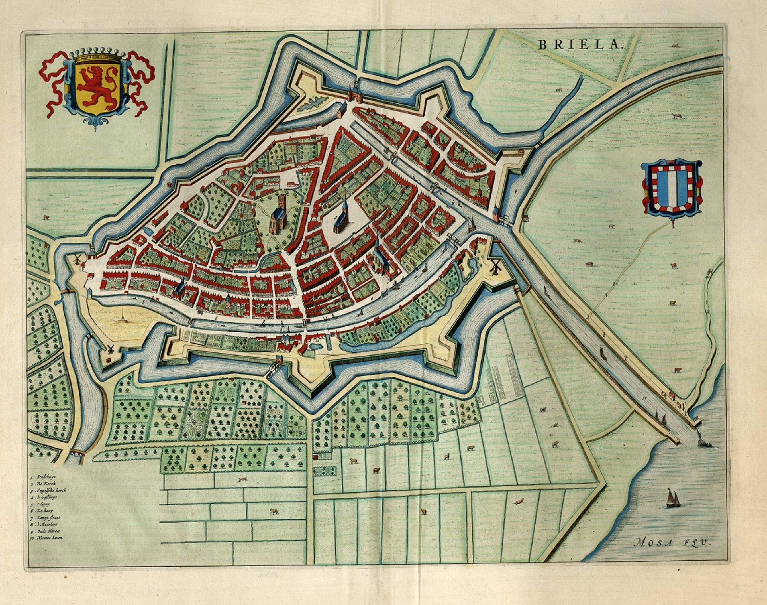 Blaeu in den Niederlanden, 1649, antiker Vogelaugenausblick-Plakat von Brielle im Zustand „Gut“ im Angebot in Langweer, NL