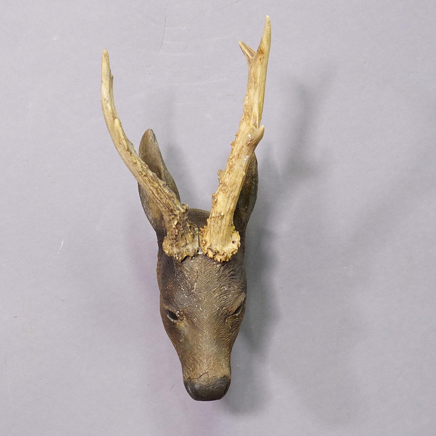 Gran cabeza de ciervo antigua de escayola de Black Forest, ca. 1900 siglo XX en venta