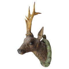Great Antique Black Forest Wooden Carved Deer Head ca. 1900s