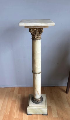 Great Antique Gothic Style Onyx and Bronze Column Pedestal Stand, Marked