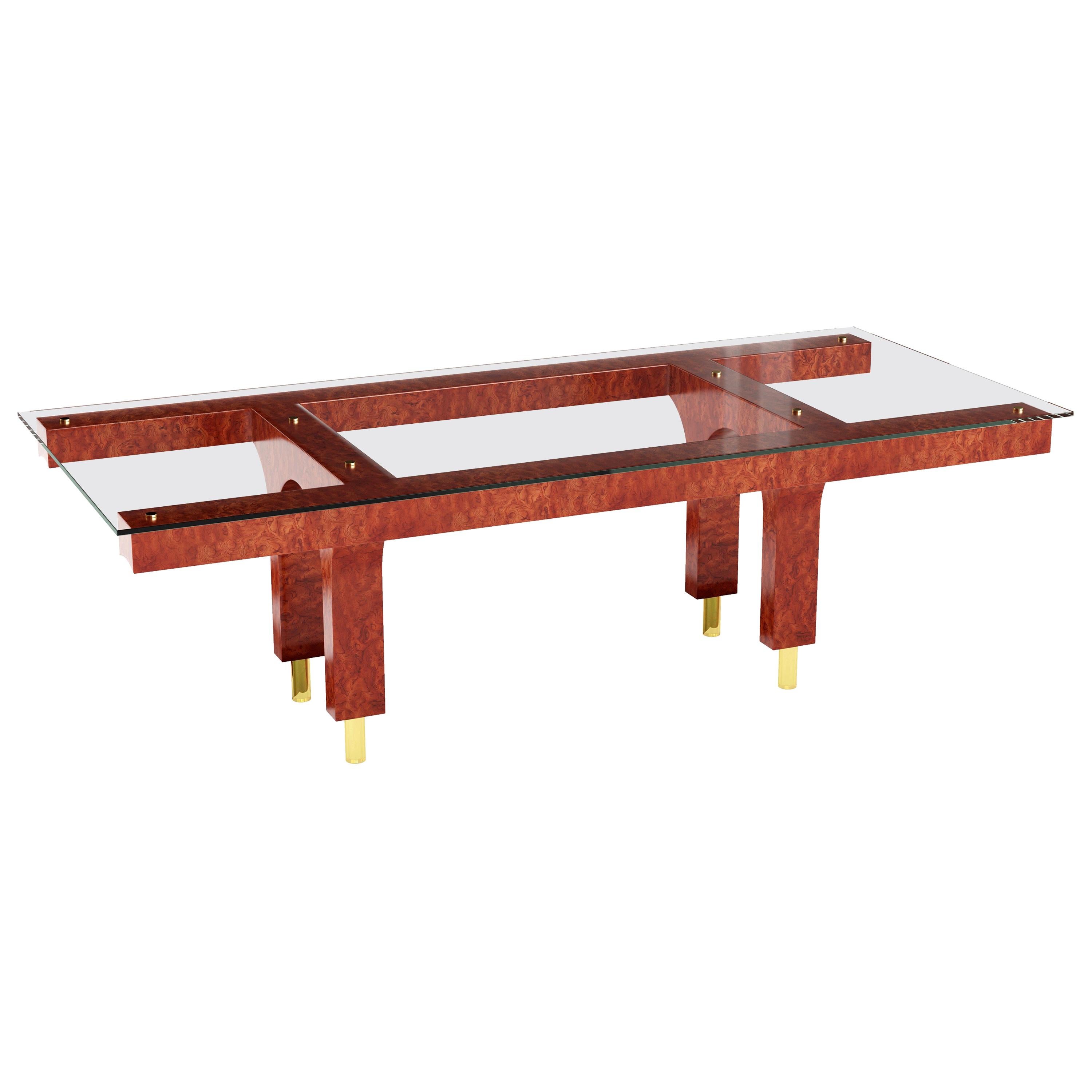 Table de salle à manger en bois Bubinga avec plateau en verre et pieds en laiton en vente
