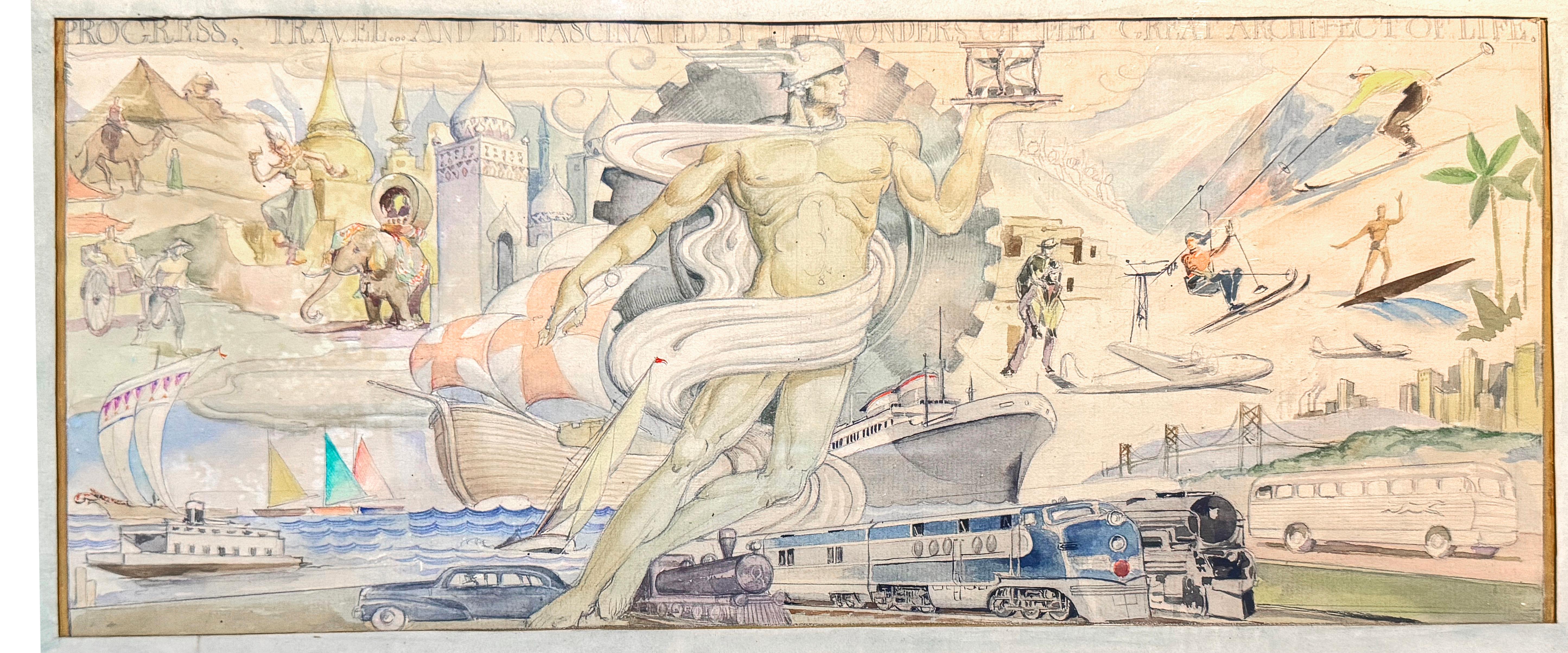 A classic example of Art Deco painting, teeming with life and allegory, this study for a wall mural -- probably for a travel-related company's lobby in Southern California -- features a nude figure of Mercury holding an hourglass in one hand,