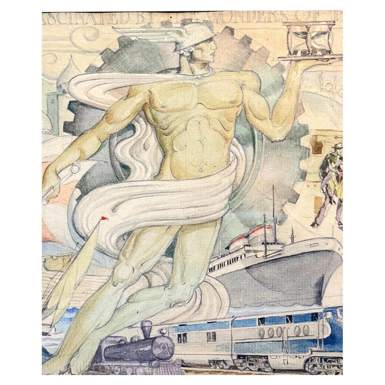 "Great Architect of Life", Art Deco Mural Study w/ Nude Mercury, Ocean Liner For Sale