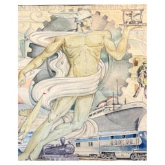 "Great Architect of Life", Art Deco Mural Study w/ Nude Mercury, Ocean Liner