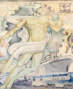 "Great Architect of Life", Art Deco Mural Study w/ Nude Mercury, Ocean Liner